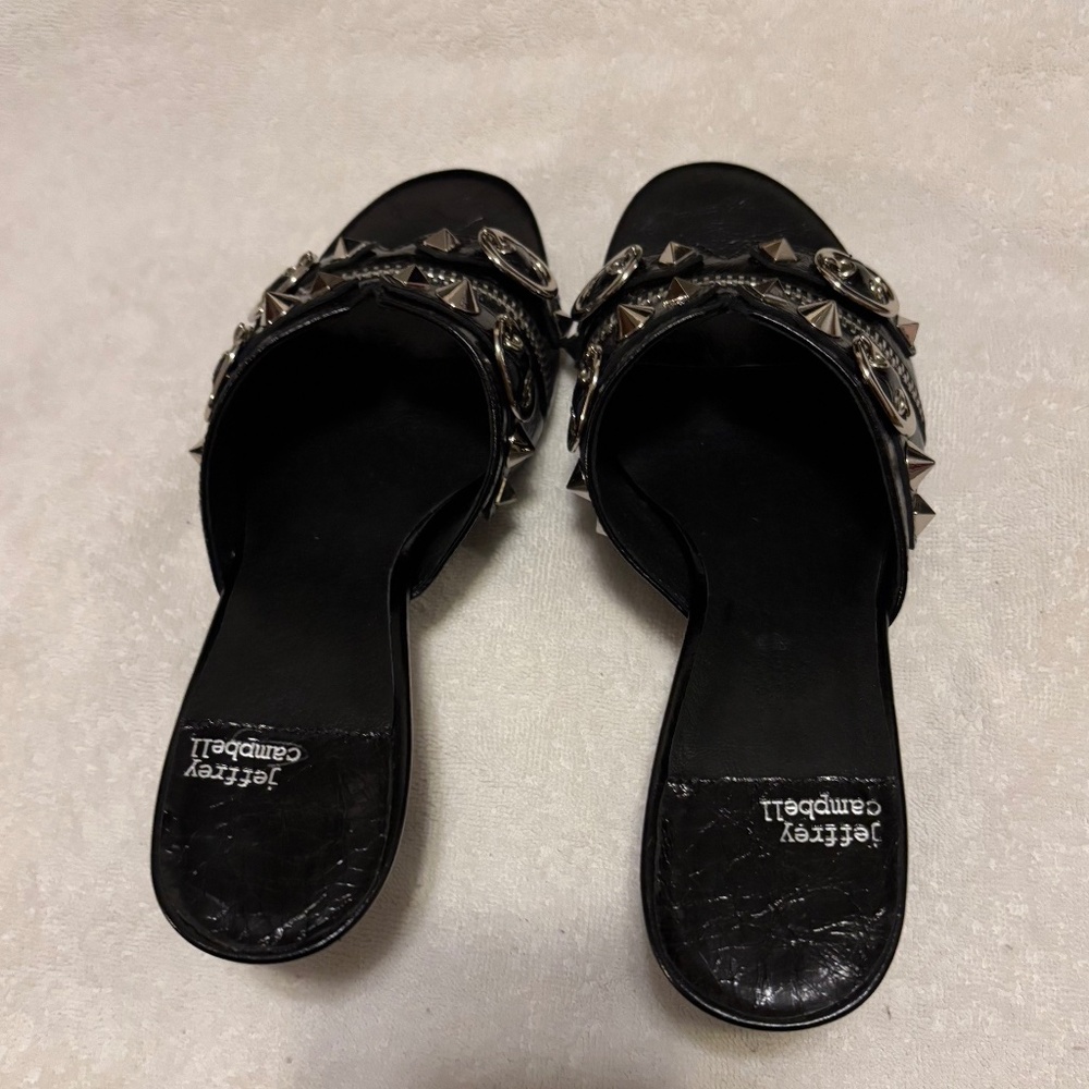 Jeffrey Campbell Rocketa black crinkle silver open back sandals size 10